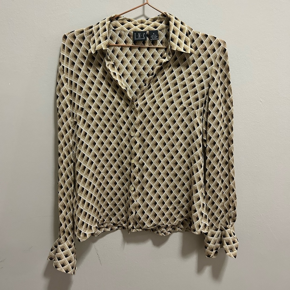 100% Silk Retro Mod Pattern Button up Blouse